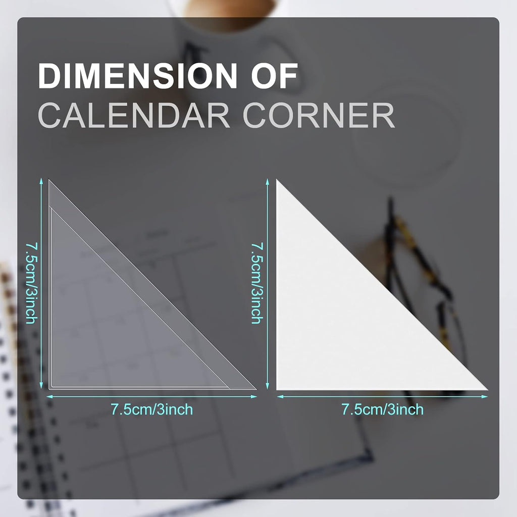 16 Packs Desk Calendar Corner Protectors Plastic Peel and Stick Calendar Corners Protectors with Double Sided Adhesive Tape for Keep Paper Flat and Avoid Book Pages Curling, Clear, 3 x 3 Inches