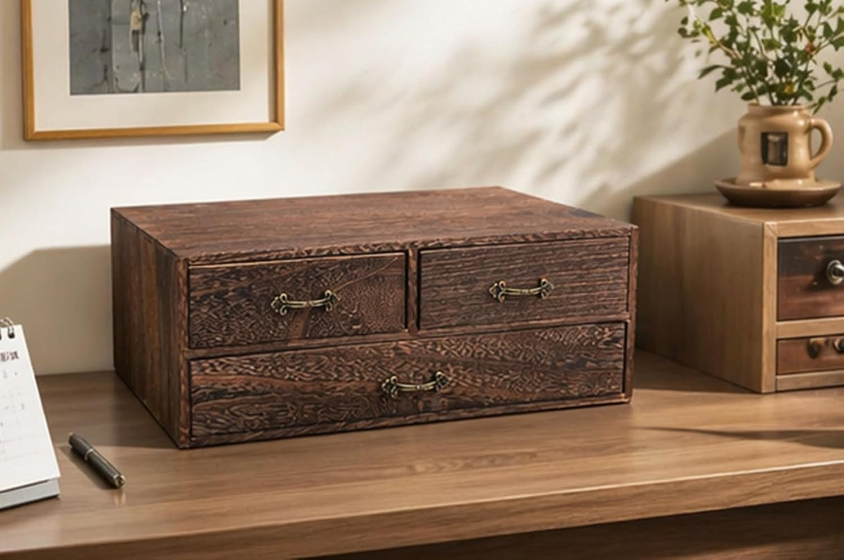 Wood Desktop Organizer Wooden Storage Cabinet with 3 Drawers Tabletop Counter...