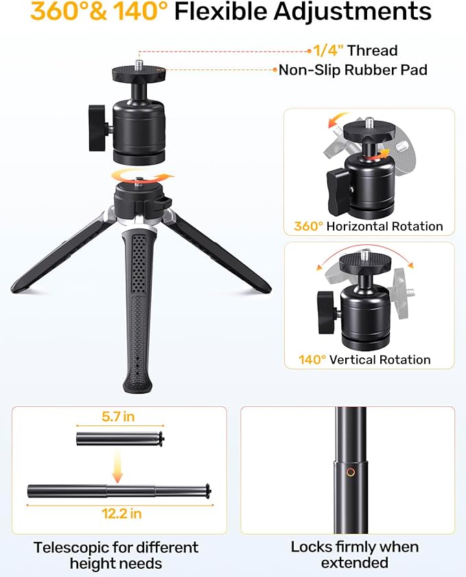 Webcam Tripod Stand for Desk, 3 Level Extendable Camera Tripod Mount for - Image 4