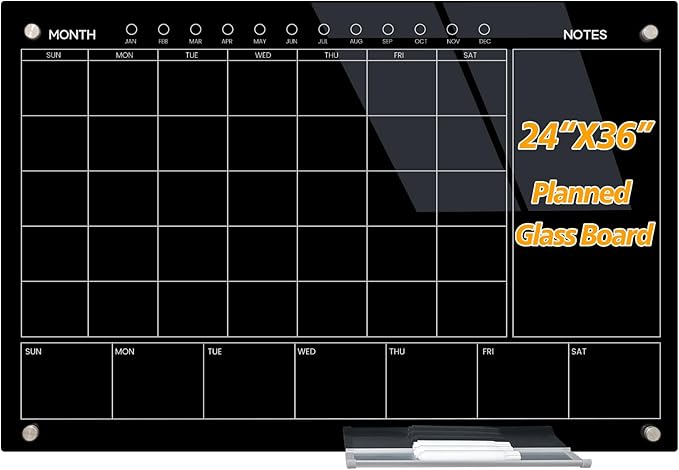 JYYPWB Magnetic Glass Whiteboard 36X24 Monthly Planner Calendar Dry Erase Board by JYYPWB