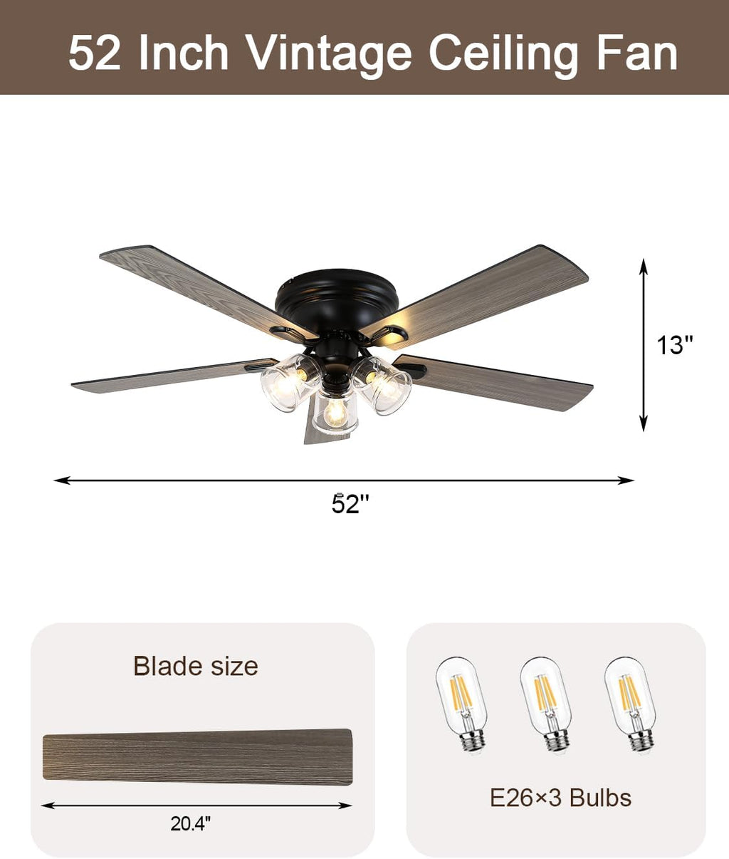 52 inch flush mount farmhouse ceiling fan with shown in use