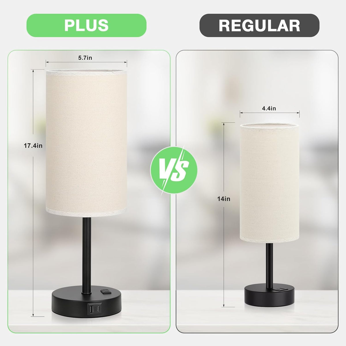Dicoool 17.4" Bedside Lamp for Bedroom - Dimmable Touch, USB A+C, AC Outlet