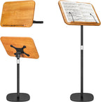 2-in-1 Dual-use Floor & Desktop Book Stand, 100% Solid Wood Book Stand, Adjustable Height 16.5"- 51" Laptop Floor Stand Book Holder with Page Clips for Cookbooks, Sheet Music (Natural Wood Color)