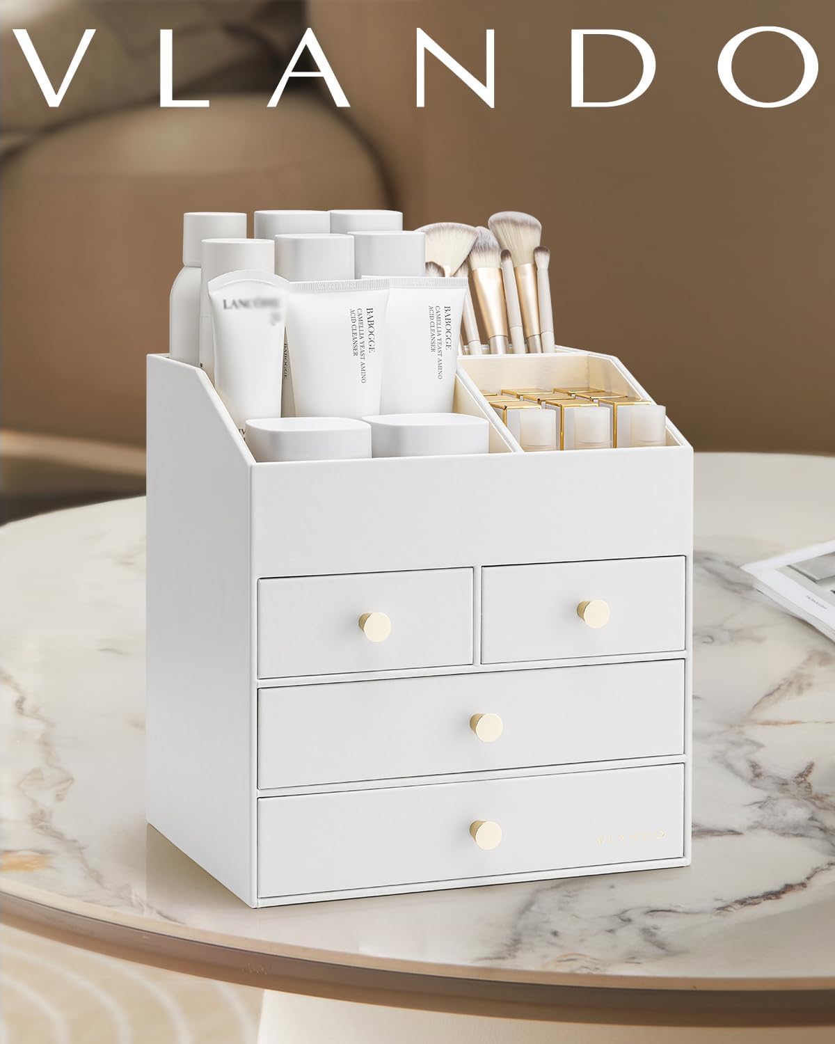 VLANDO Makeup Organizer Countertop with 4 Drawers,White