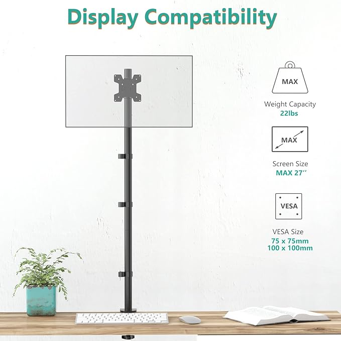 WALI Single Monitor Stand Desk Mount, 39 inch Tall Monitor Stand Fully - Image 2
