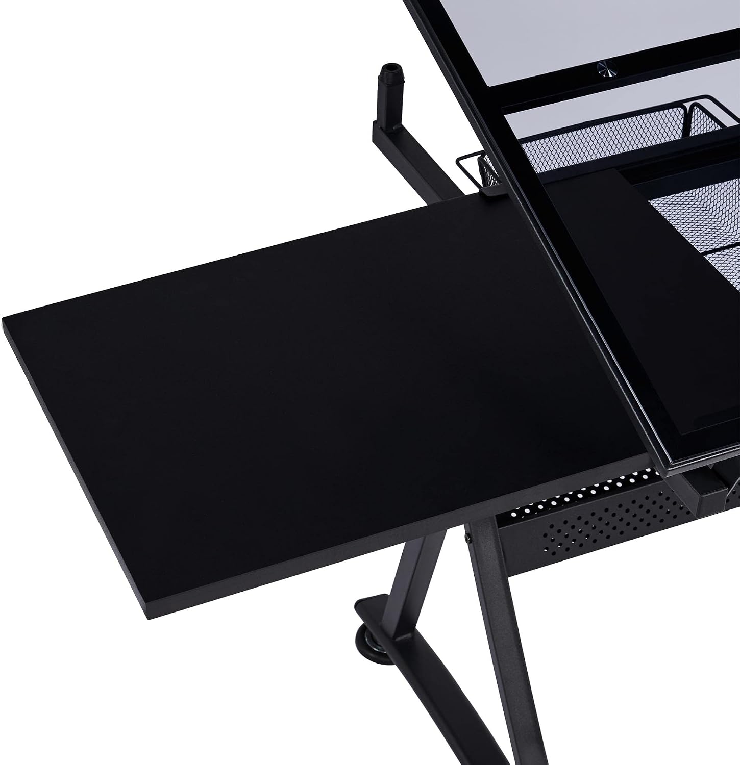 Yaheetech Adjustable Drafting Table & Stool, Tilting Glass Art Desk, Black | Tempered glass top tilts 0-40 degrees for drawing or tracing on a sturdy iron frame, with 2 mesh drawers for craft supplies.