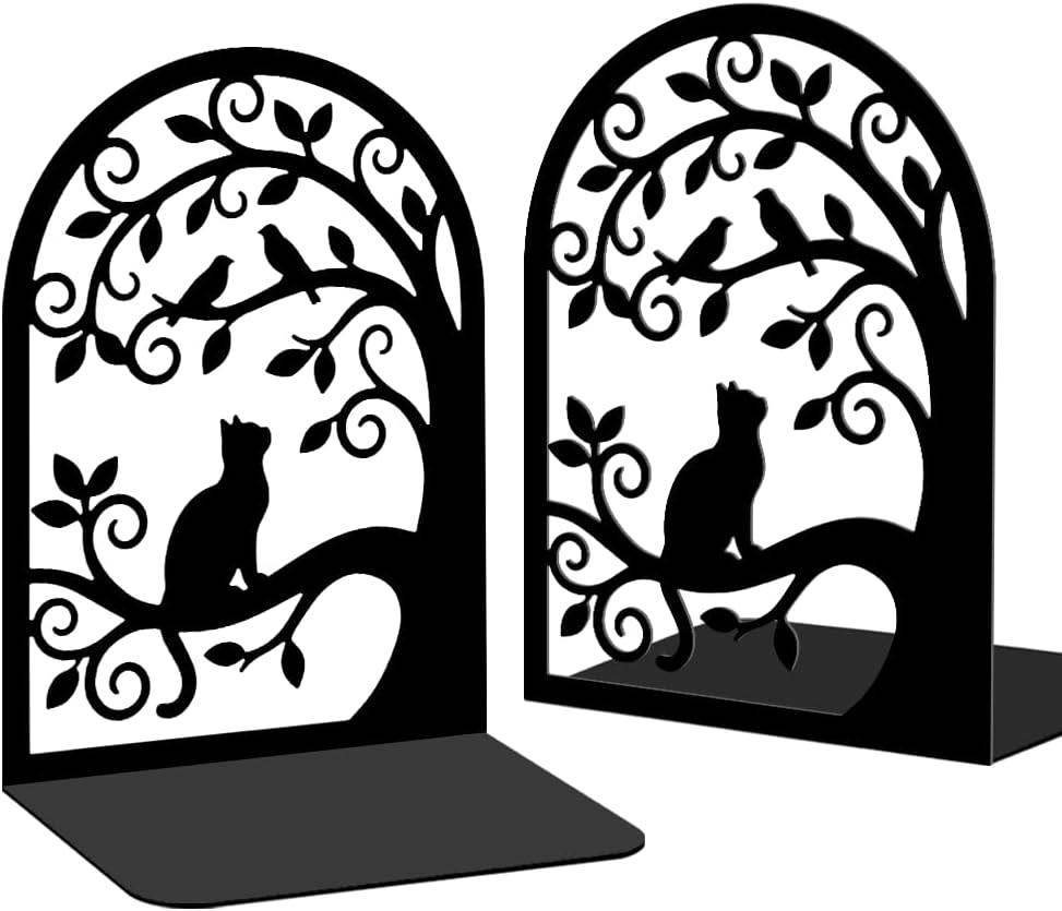 2 Pcs Metal Bookends, Unique Cat Book Ends for Shelves Sturdy Book Organizers and Decorative Books Accessories for Home Office and Library