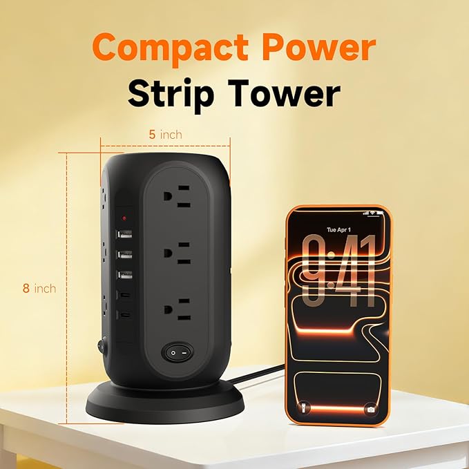 Tower Power Strip with 12 Outlets and 5 USB Ports, Flat Extension Cord 10 Ft - Image 4