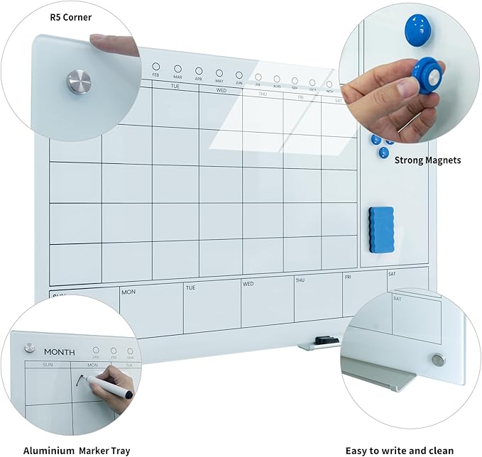 JYYPWB Magnetic Glass Whiteboard 36X24 Monthly Planner Calendar Dry Erase Board - Image 3