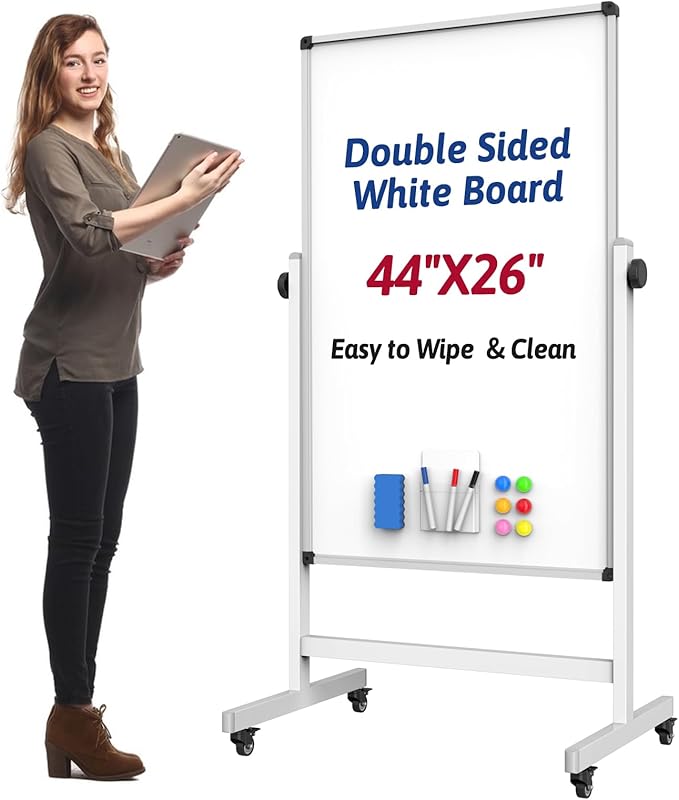 UIFER Rolling Whiteboard, 44 x 26 Double Sided Magnetic Dry Erase Board Height by UIFER