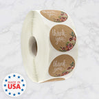 Brown Kraft Floral Thank You Stickers / 1000 Thanks Flowers Labels Roll / 1.5" Round Envelope Seals/Made in The USA