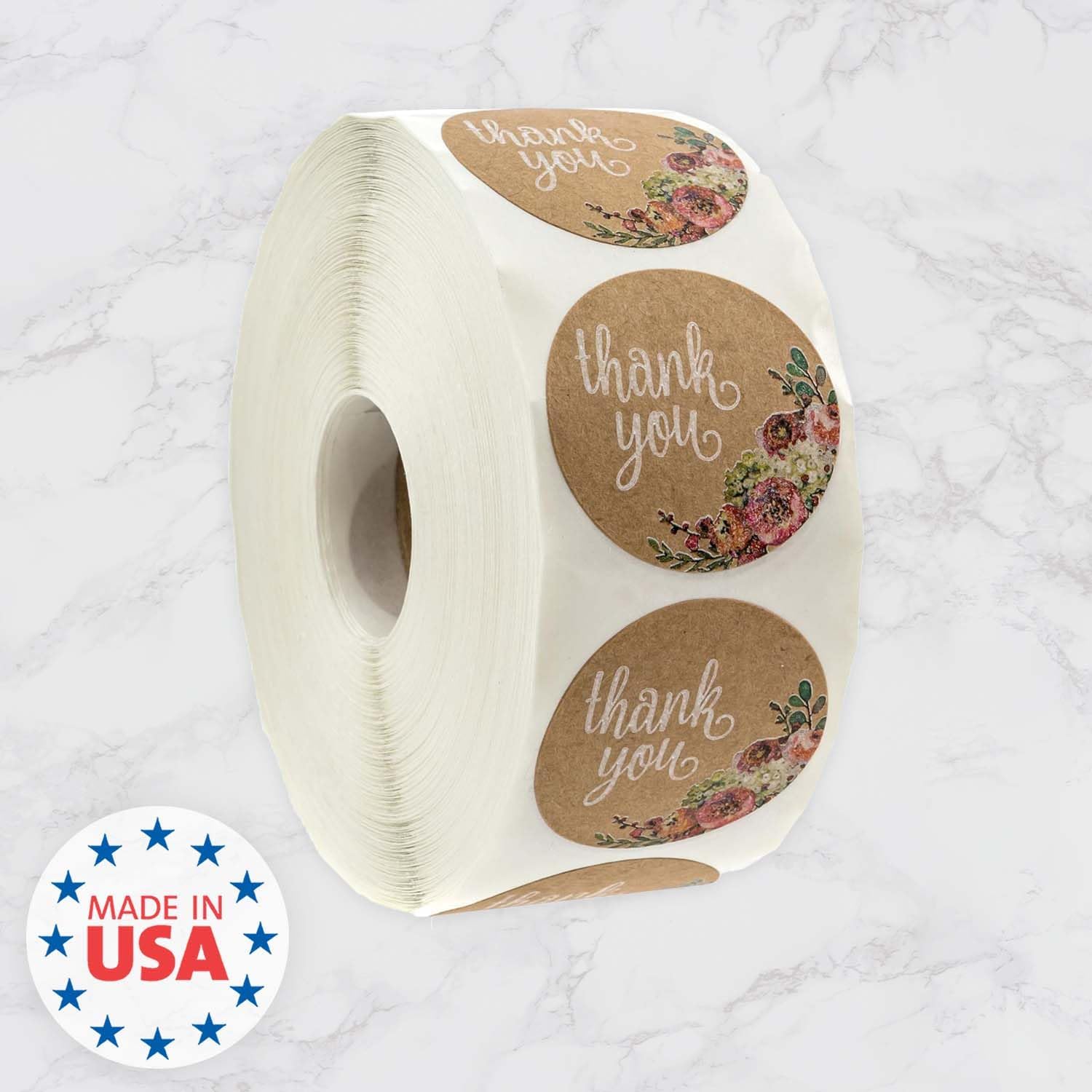 Brown Kraft Floral Thank You Stickers / 1000 Thanks Flowers Labels Roll / 1.5" Round Envelope Seals/Made in The USA