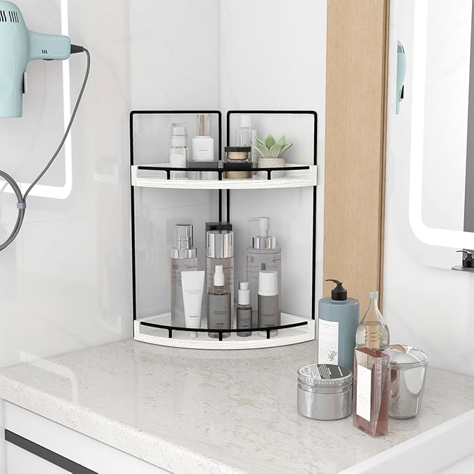 Dorhors 2-Tier Rustic White Corner Bathroom Shelf - Image 2