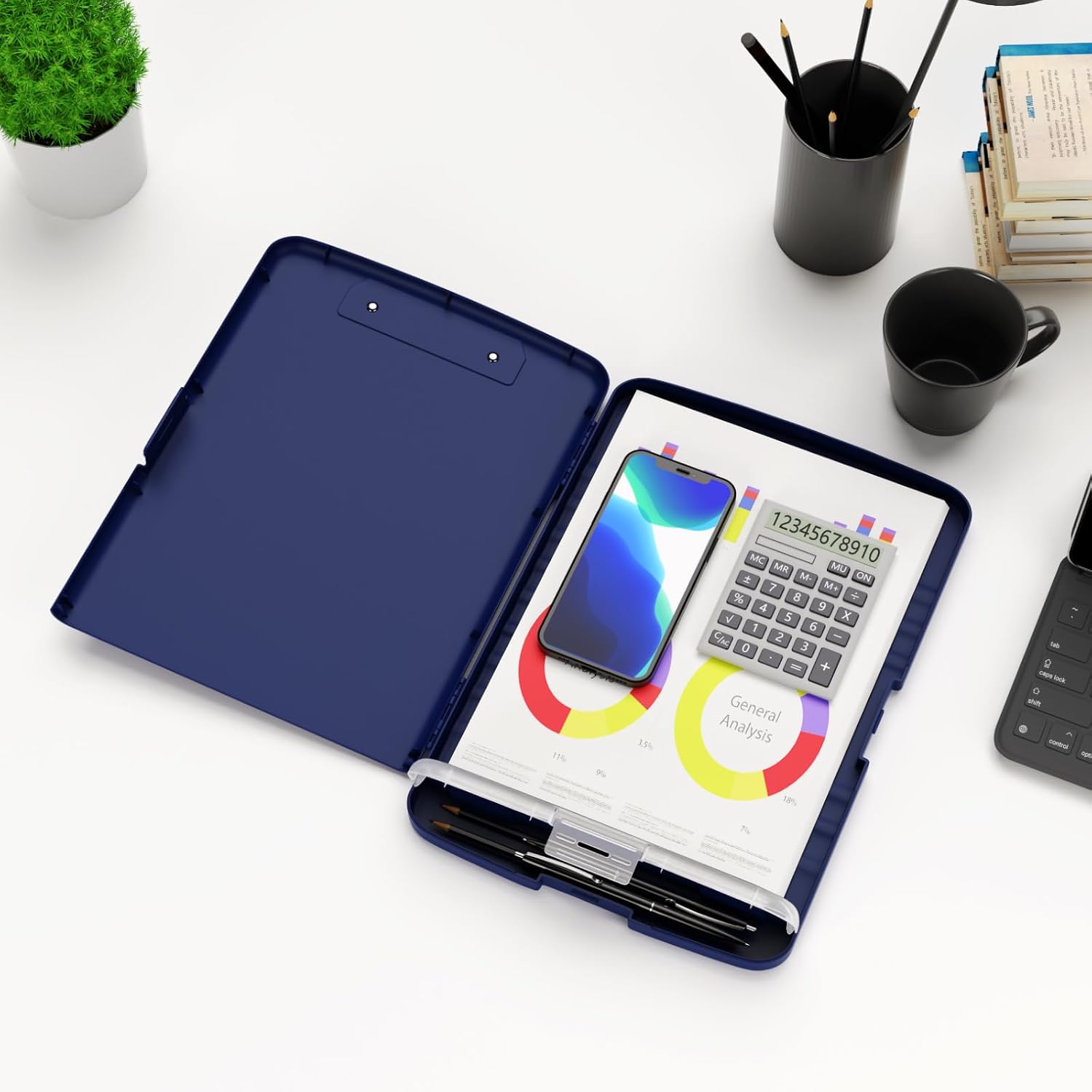 Hongri Clipboard with Storage with Pencil Case, 8.5 x 11 Storage Clip Board | High Capacity Organization Box for A4 Letter Legal Paper, Heavy Duty Folio & Side-Opening for Nurses, Teachers, Navy Blue