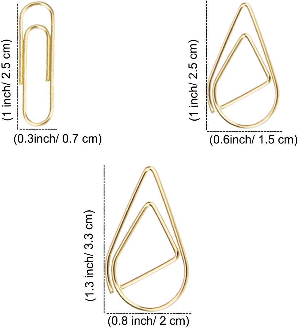 300 Pcs Cute Gold Teardrop Paper Clips Bulk Assorted Sizes