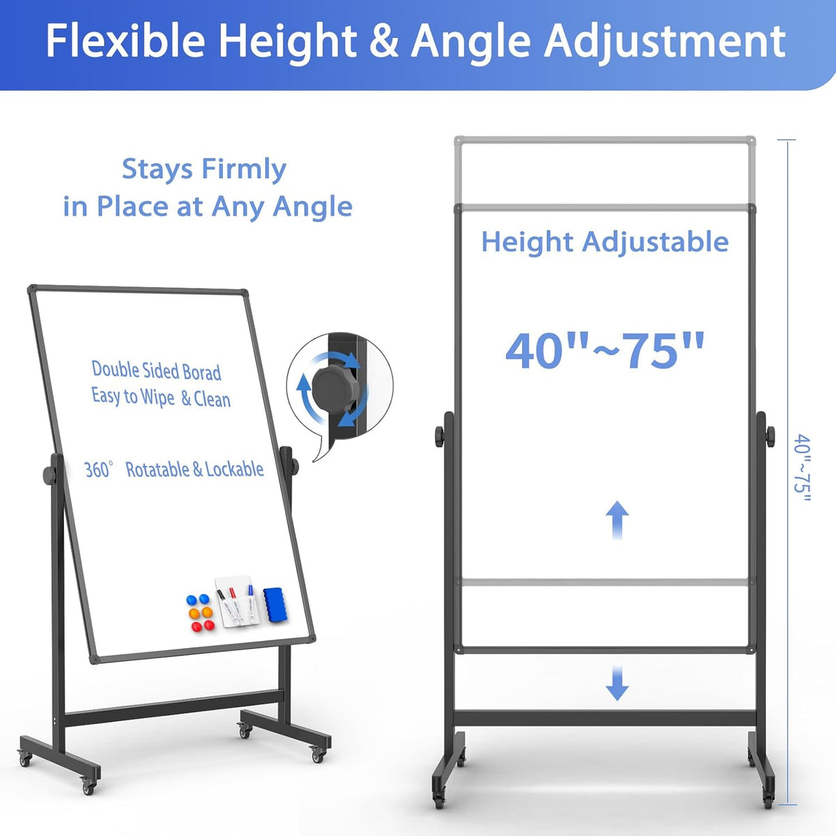 40x28 Rolling Whiteboard, Double Sided Magnetic Dry Erase Board with Stand