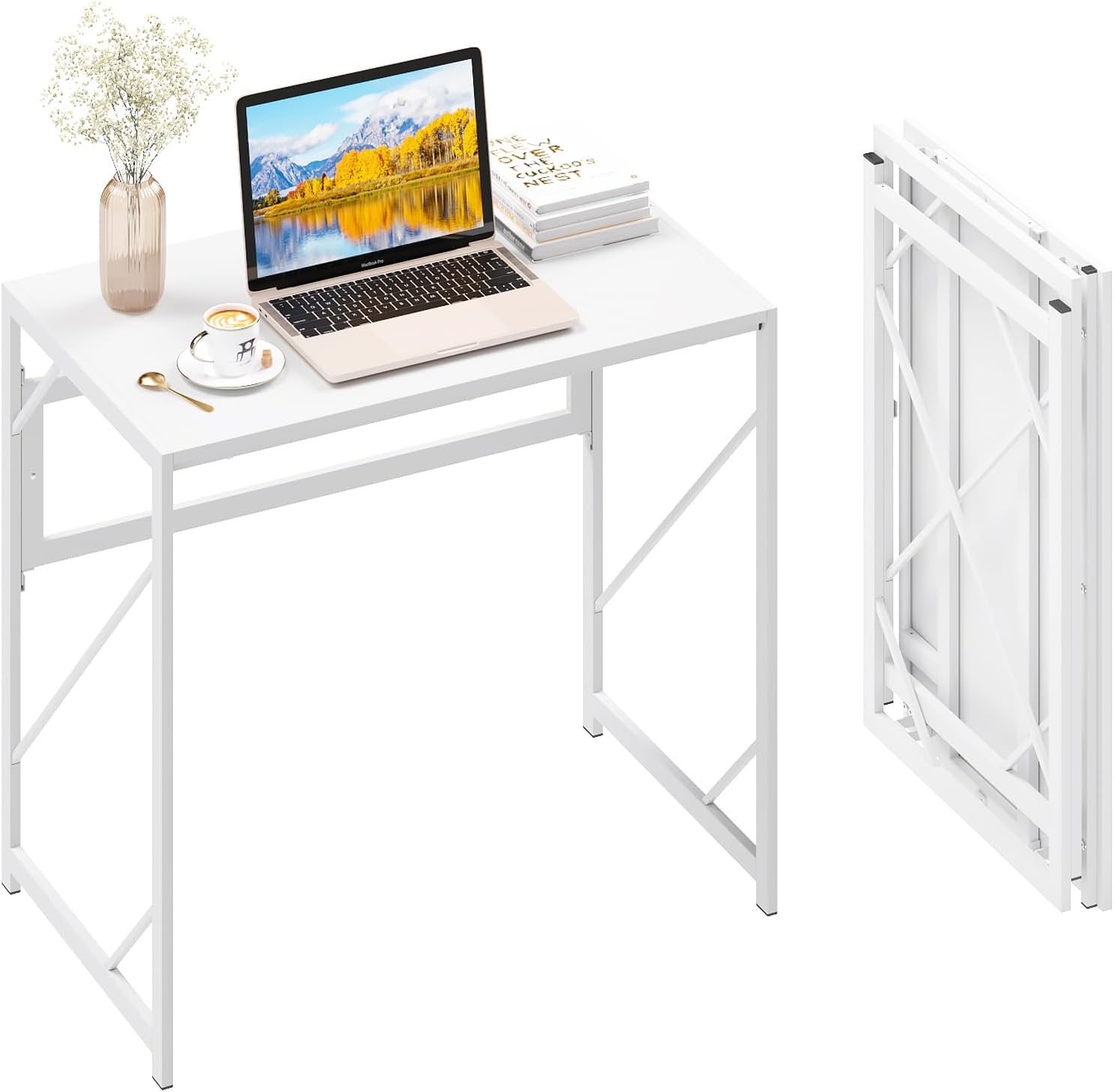 Elephance Folding Desk Writing Computer Desk for Home Office No-Assembly | Study Office Desk,Foldable Table for Small Spaces,31.5 Inch,White