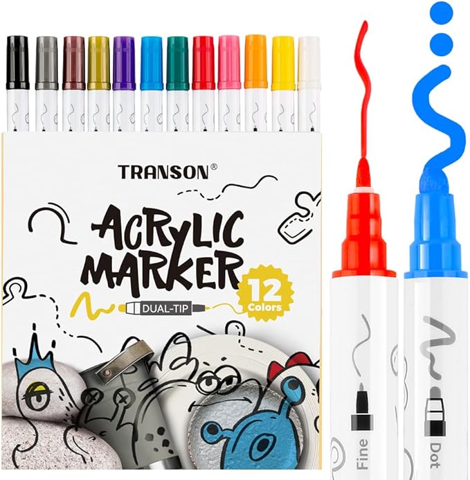 TRANSON 12 Color Bold and Fine Dual-tip Acrylic Paint Pen Set - Image 6