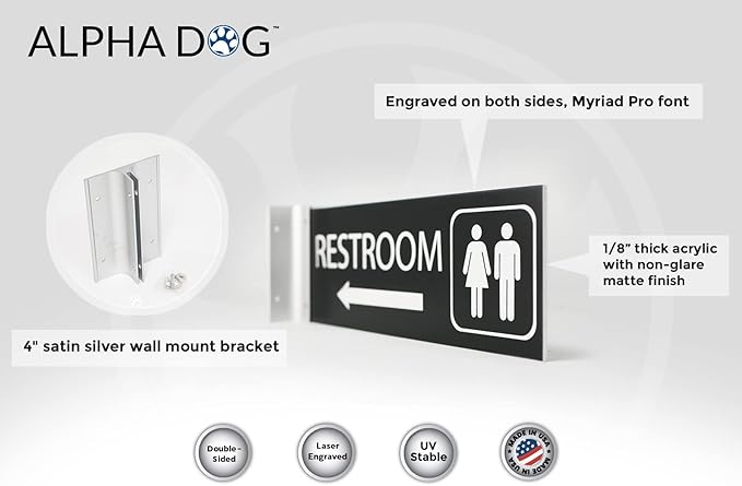 ALPHA DOG SIGNS Corridor Projecting Hallway Bathroom Sign, Left Arrow, - Image 3