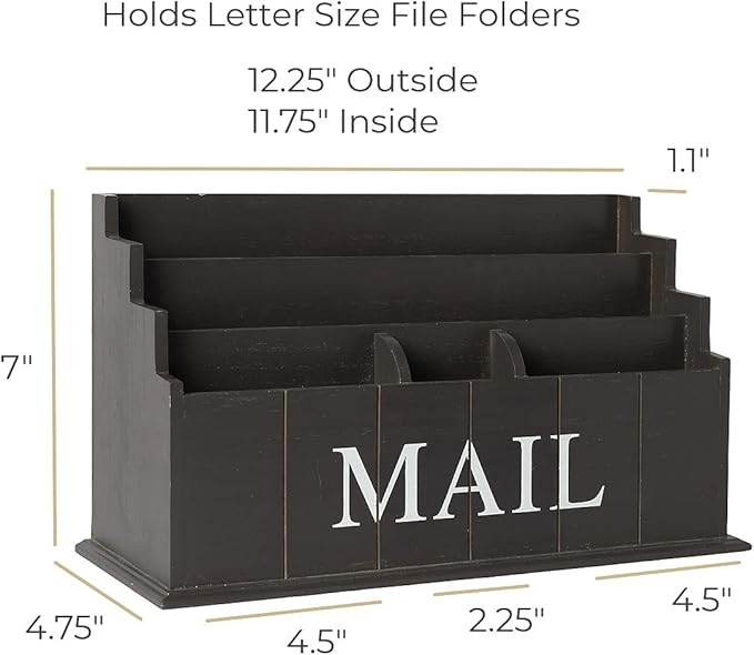 BLU MONACO Espresso Brown Wooden Mail Organizer | 3-Tier Rustic Desktop Mail - Image 6