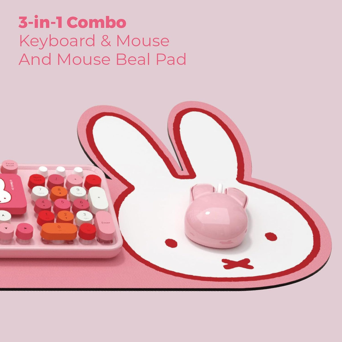 Miffy 104-Key Wireless Keyboard & Mouse Combo with Large Pink Desk Pad - ...