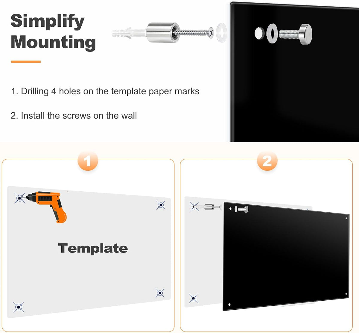 36” x 24” Black Dry Erase Board, Magnetic Tempered Glass Board
