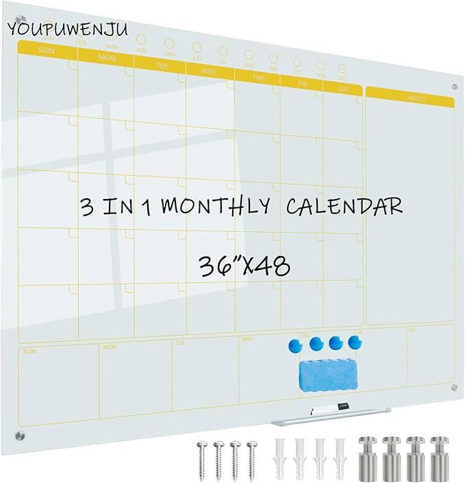 Magnetic Glass Planner Writeboard 36"X48" Monthly/Weekly 3 in 1 Calendar by YoupuStationery