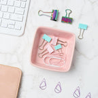 NatSumeBasics Pink Ceramic Paper Clip Holder Dispenser | Square Paper Clips & Push Pins, Office Desk Organizer