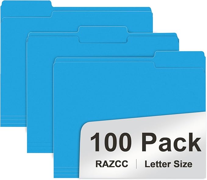 File Folder, RAZCC 100 Pack 1/3 Cut Tab File Folders Letter Size, Colored by RAZCC