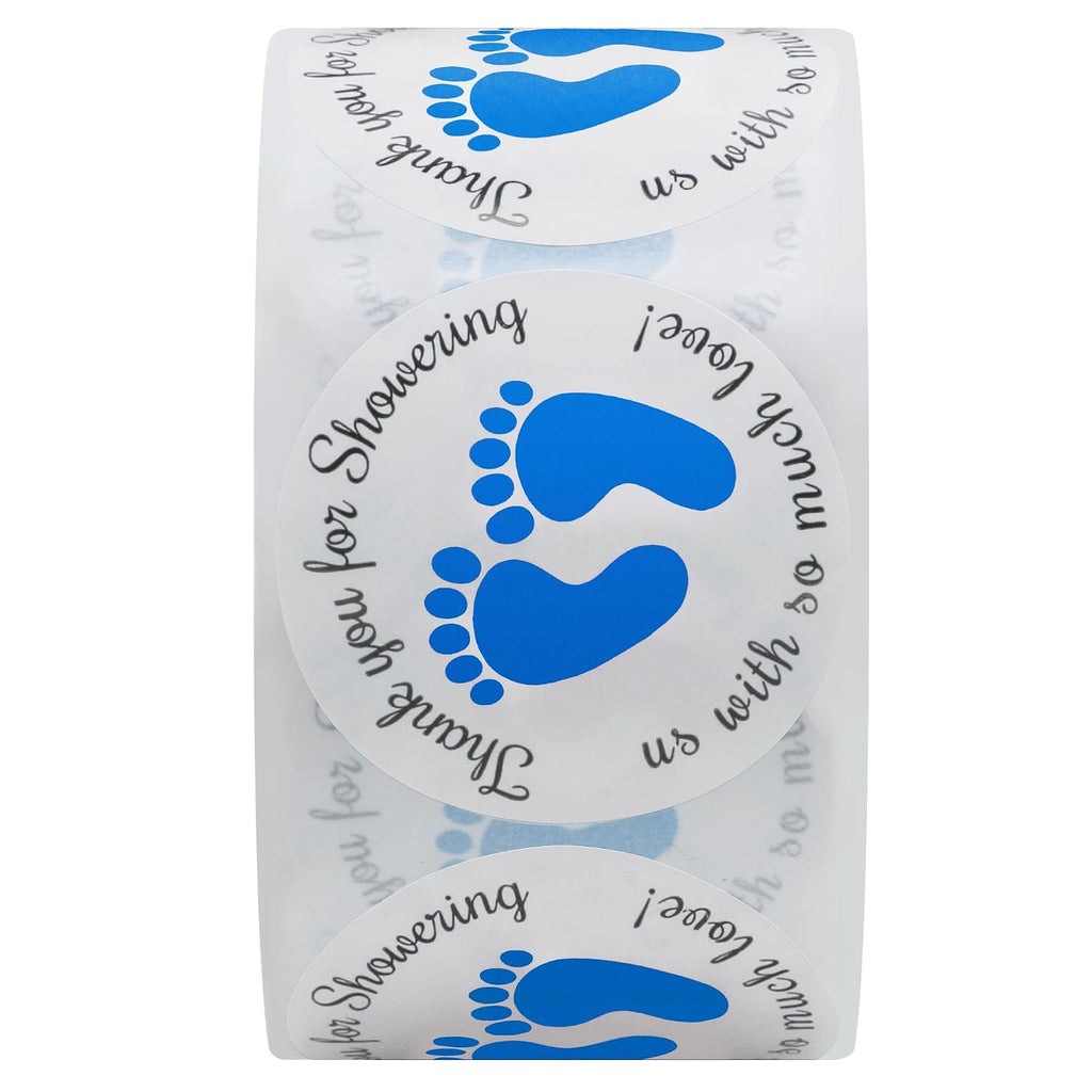 Hybsk 1.5 Inch Round Baby Shower Stickers, Thank You for Showering Us with So Much Love Blue Foot Print Total 500 Labels Per Roll (Blue Footprint)
