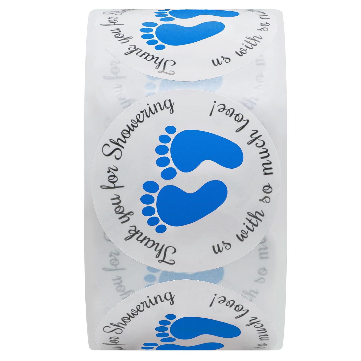 Hybsk 1.5 Inch Round Baby Shower Stickers, Thank You for Showering Us with So Much Love Blue Foot Print Total 500 Labels Per Roll (Blue Footprint)