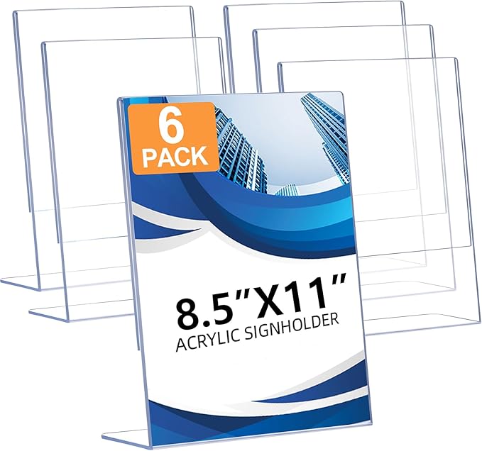 6 Pack Acrylic Sign Holder 8.5 x 11, L-Shape Acrylic Stands by DECOHOBO