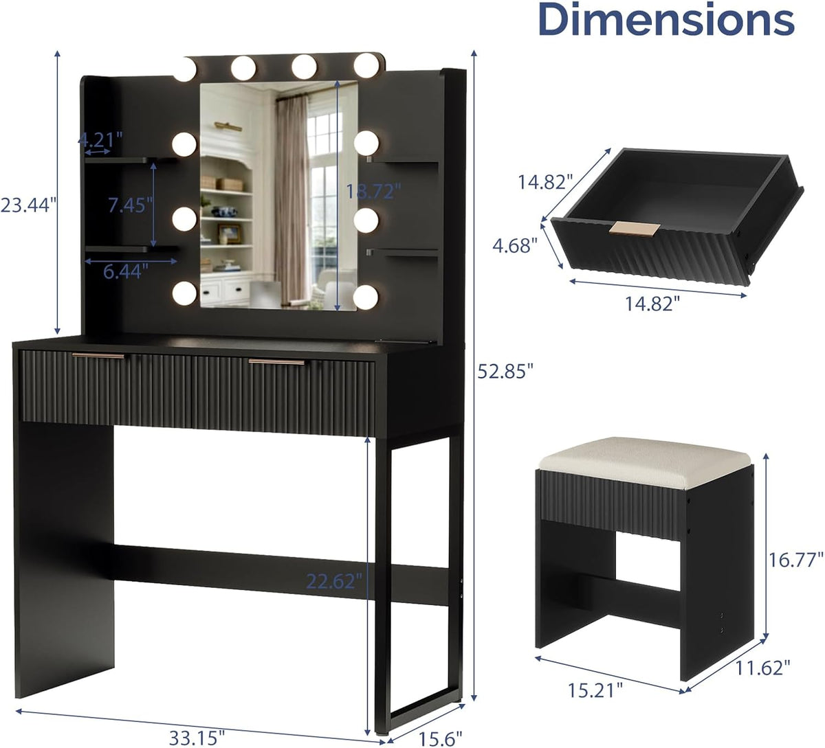 Karl home Fluted Makeup Vanity Desk with Mirror and Lights, Black