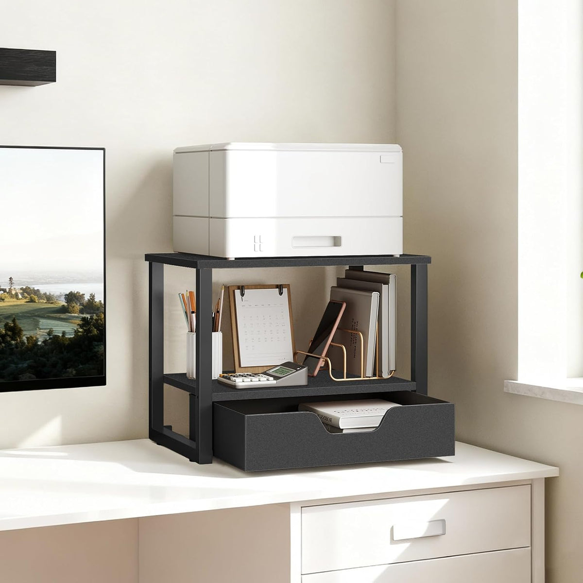 YATINEY Desktop Printer Stand, 2-Tier Printer Table with Non-Woven Drawer, Mu...