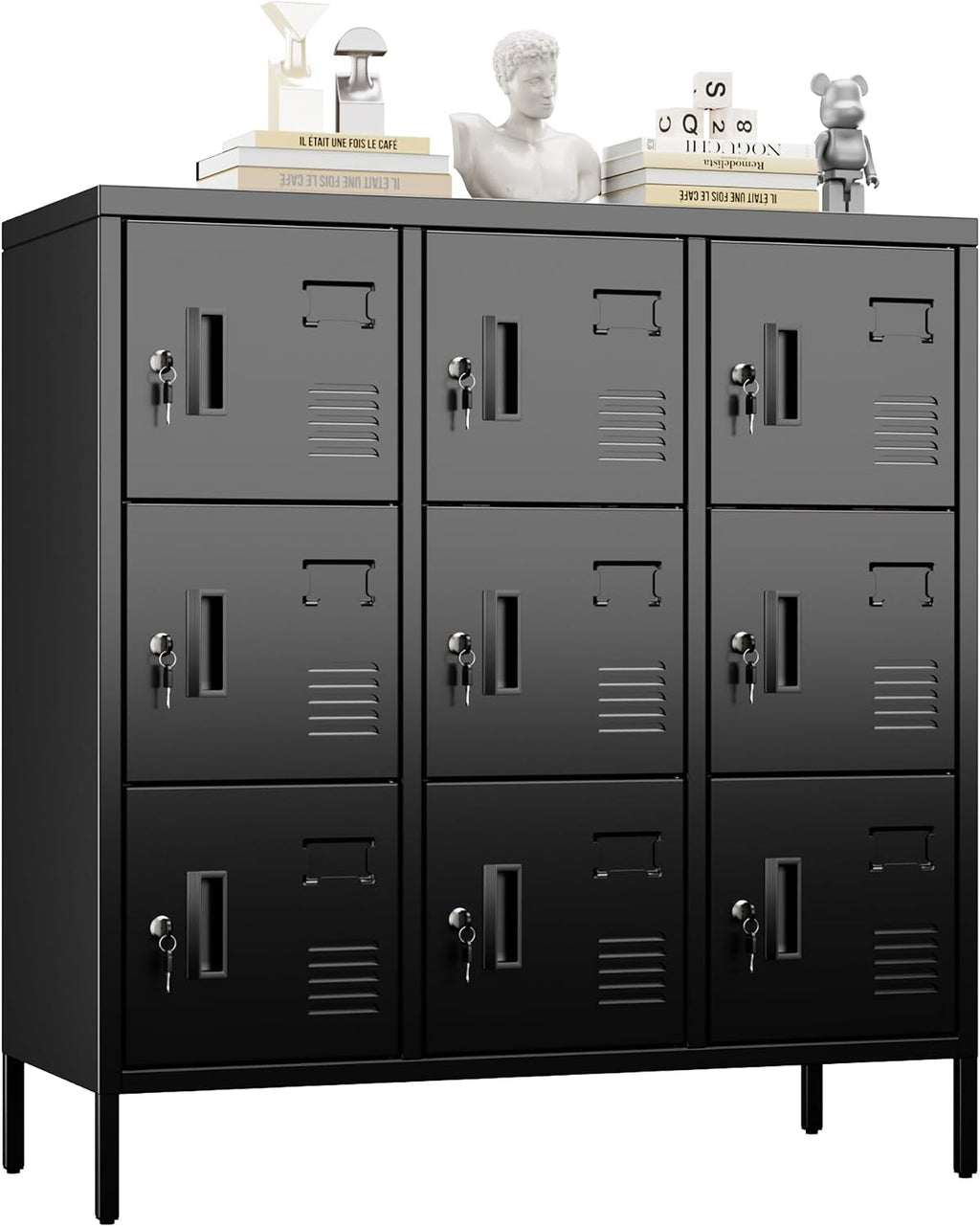 9-Door Metal Employee Locker with Keyed Locks and Raised Feet | 9 keyed compartments with name-card slots, ventilation and raised feet; 35.51"W x 15.79"D x 37.8"H. Assembly required.