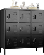 9-Door Metal Employee Locker with Keyed Locks and Raised Feet | 9 keyed compartments with name-card slots, ventilation and raised feet; 35.51"W x 15.79"D x 37.8"H. Assembly required.