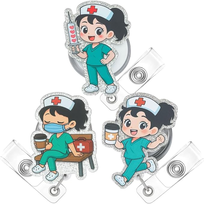 3PC Cartoon Nurse Badge Reel Cute Fun Funny ID Name Holder Alligator Clip by YJPREMIUMS