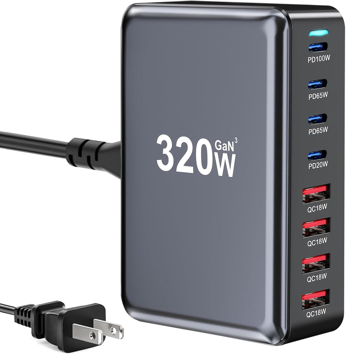 320W USB C Fast Charger Block, 8 Port USB Charging Station, GaN Ⅲ Pro 100W PD