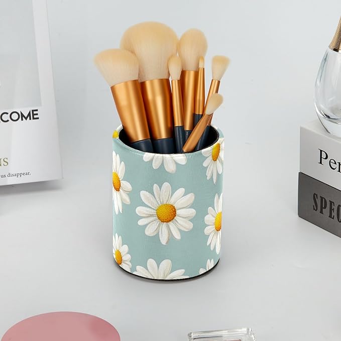 Leather Pen Holder for Desk, Daisy Pencil Cup Desktop Organizer Makeup Brush - Image 6