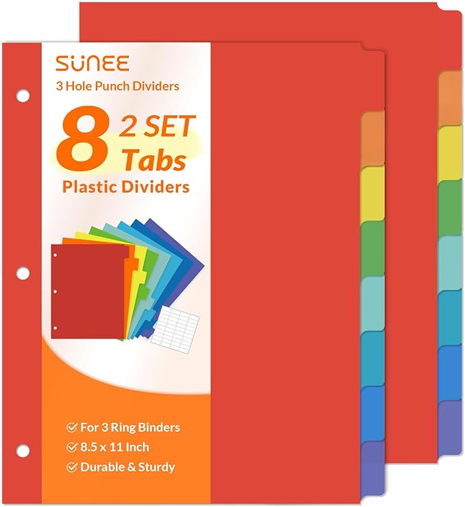 SUNEE 8 Tab Binder Dividers, Plastic Dividers by SUNEE