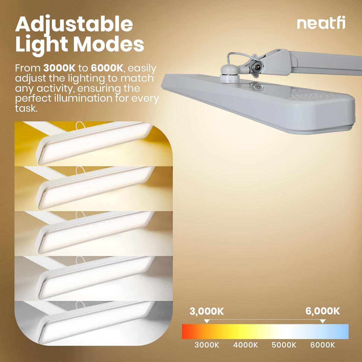 Neatfi 2500LM LED Task Lamp w/Clamp, 22-Inch Wide Head, CCT (White)