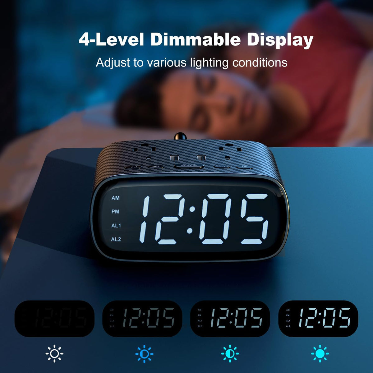 sussex alarm clock with 2 usb-c, 2 usb-a showing dimensions