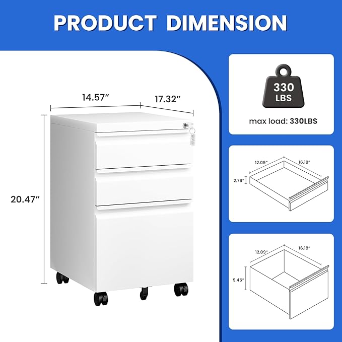 MIIIKO White Filing Cabinet 3 Drawers on Wheels Under Desk, Metal Rolling File - Image 3