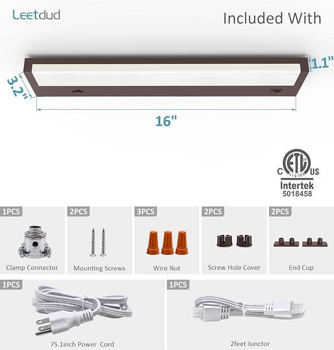 Leetdud LED Under Cabinet Lighting Hardwired or Plug in, 16 Inch 8W, Dimmable 5 - Image 9