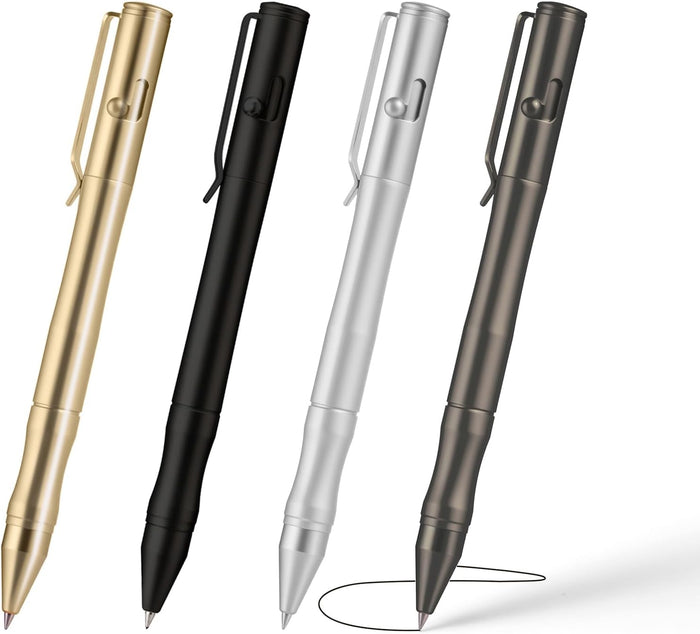 Origin-Joy Brass Bolt Action Pen Set, Heavy Duty EDC Copper Metal Tactile Turn Pen With Gel Ink Refills (Natural Brass & Black & Nickel White & Gunmetal Gray)