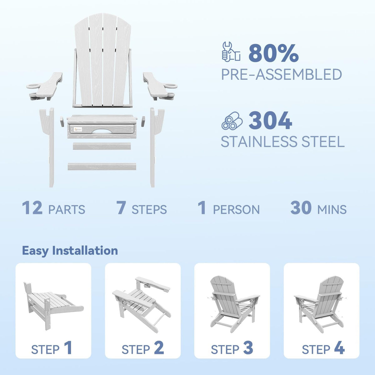 Mdeam HDPE Folding Adirondack Chairs Set of 2, 3-Position 400 lbs, White