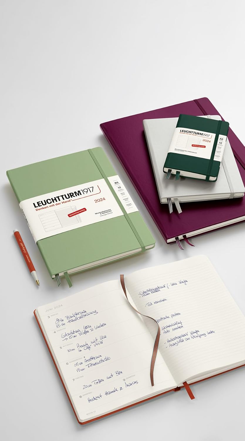 LEUCHTTURM1917 367744 Weekly Calendar & Notebook Pocket (A6) 2024, with Extra Book for Addresses and Anniversaries, Stone Blue, German, 12 Months