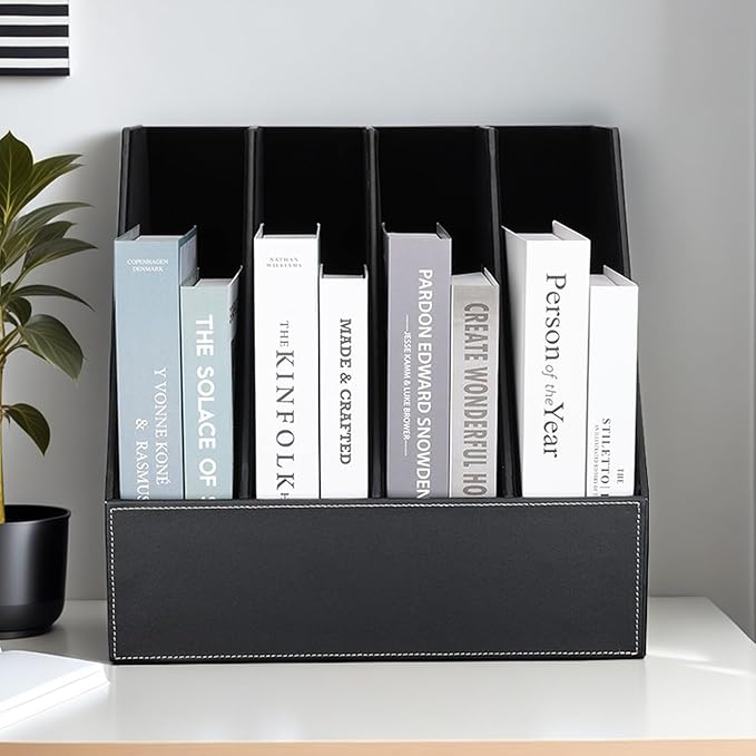 KINGFOM 4-Slot Wood Leather Document Files Holder Rack Stand Desk Files - Image 8