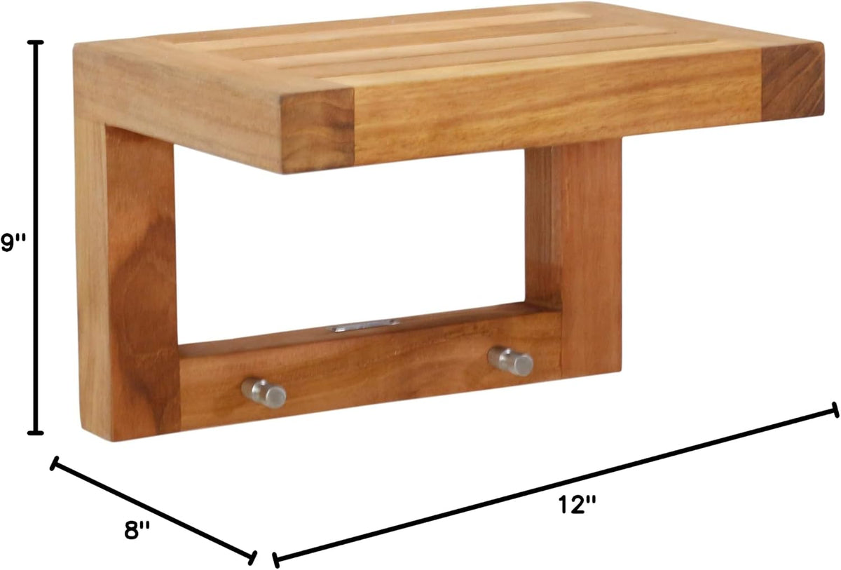 AquaTeak 12" Moa Floating Teak Wall Shelf with Hooks