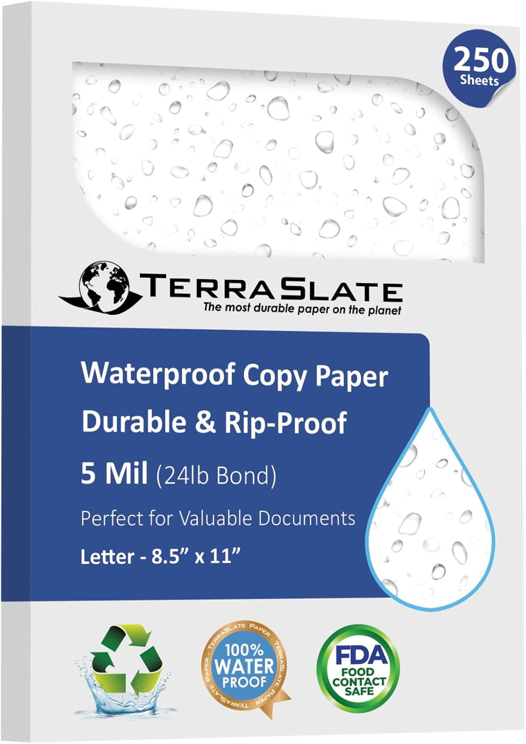 TerraSlate Premium Waterproof Paper, 5 MIL 8.5” x 11”, Laser Printer & Copy